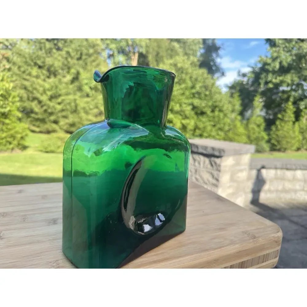BLENKO Hand Blown Glass VINTAGE Emerald Green Double Spout DECANTER VASE